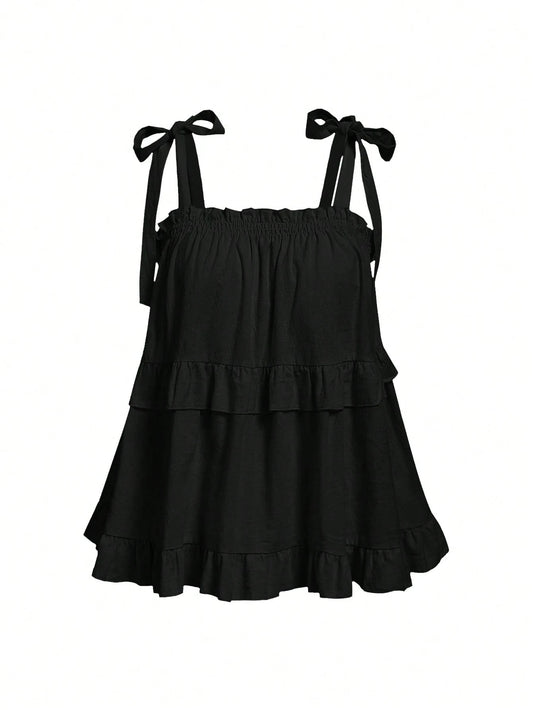 MOD Plus Size Black Summer Boho Vacation Women's Retro Spaghetti Strap Loose Layered Ruffle Trim Top, Casual Korean Fashion Cute Sweet Wear