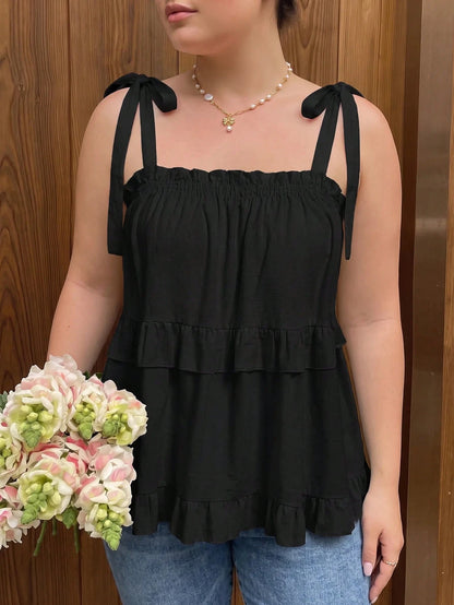 MOD Plus Size Black Summer Boho Vacation Women's Retro Spaghetti Strap Loose Layered Ruffle Trim Top, Casual Korean Fashion Cute Sweet Wear