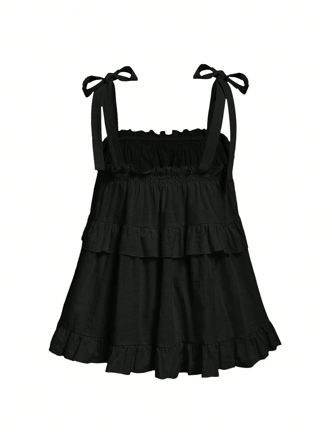 MOD Plus Size Black Summer Boho Vacation Women's Retro Spaghetti Strap Loose Layered Ruffle Trim Top, Casual Korean Fashion Cute Sweet Wear