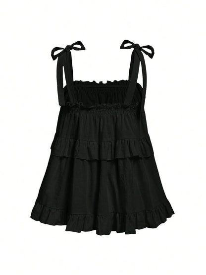 MOD Plus Size Black Summer Boho Vacation Women's Retro Spaghetti Strap Loose Layered Ruffle Trim Top, Casual Korean Fashion Cute Sweet Wear