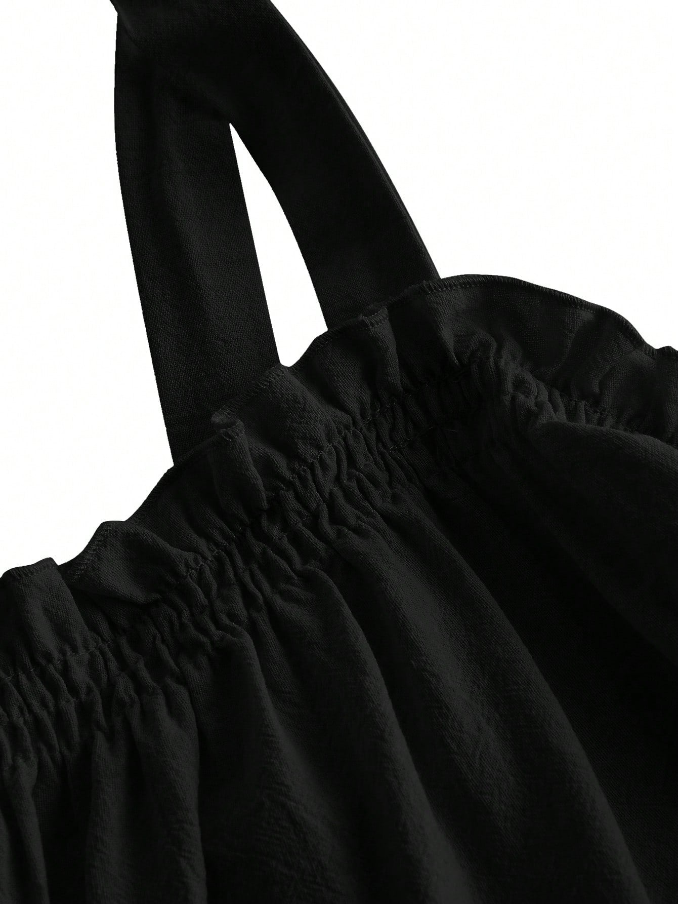 MOD Plus Size Black Summer Boho Vacation Women's Retro Spaghetti Strap Loose Layered Ruffle Trim Top, Casual Korean Fashion Cute Sweet Wear