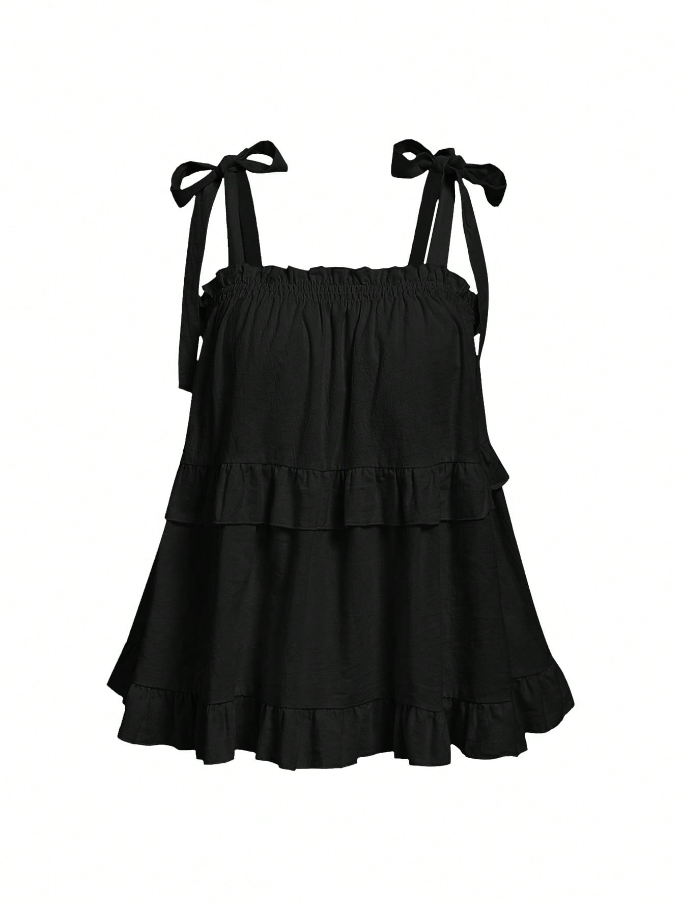 MOD Plus Size Black Summer Boho Vacation Women's Retro Spaghetti Strap Loose Layered Ruffle Trim Top, Casual Korean Fashion Cute Sweet Wear