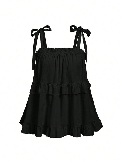MOD Plus Size Black Summer Boho Vacation Women's Retro Spaghetti Strap Loose Layered Ruffle Trim Top, Casual Korean Fashion Cute Sweet Wear