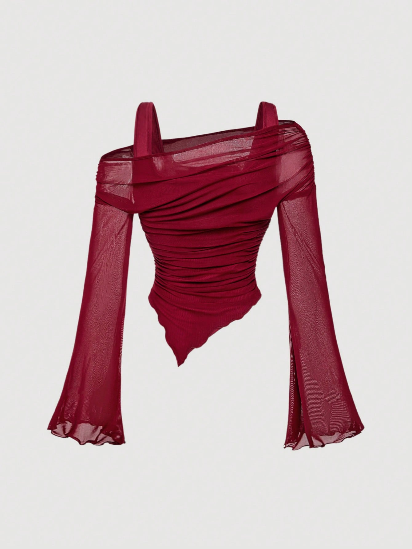 MOD Plus Size Burgundy Asymmetric Hem Flared Sleeve T-Shirt, Classy Night Out Dinner Club Autumn Tops, Vintage Elegant Sexy Goth Punk Streetwear