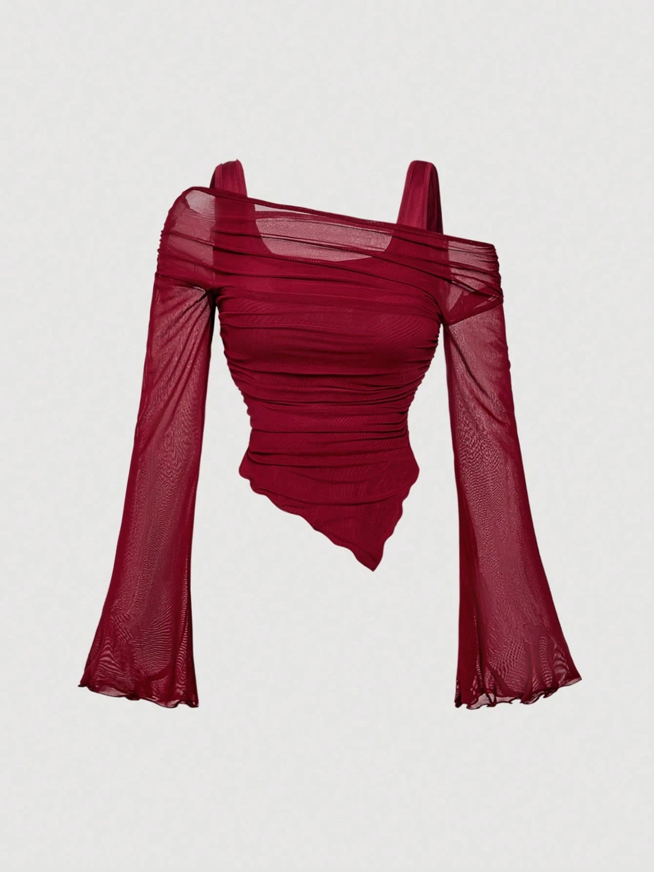 MOD Plus Size Burgundy Asymmetric Hem Flared Sleeve T-Shirt, Classy Night Out Dinner Club Autumn Tops, Vintage Elegant Sexy Goth Punk Streetwear