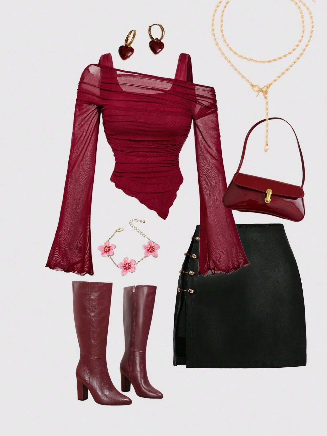 MOD Plus Size Burgundy Asymmetric Hem Flared Sleeve T-Shirt, Classy Night Out Dinner Club Autumn Tops, Vintage Elegant Sexy Goth Punk Streetwear