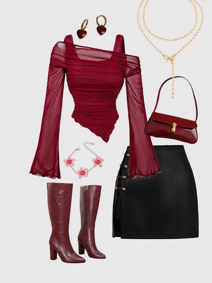 MOD Plus Size Burgundy Asymmetric Hem Flared Sleeve T-Shirt, Classy Night Out Dinner Club Autumn Tops, Vintage Elegant Sexy Goth Punk Streetwear