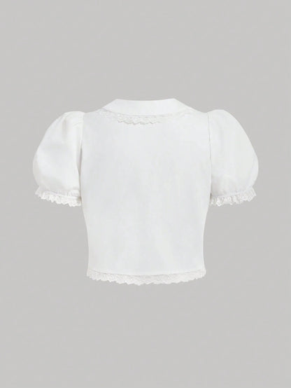 MOD Plus Size Kawaii White Lace Blouse Puff Sleeve Peter Pan Collar Shirt Cute Preppy Style Spring Summer Top