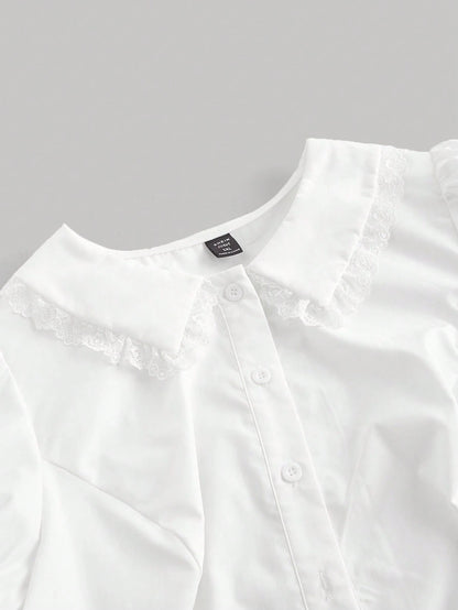 MOD Plus Size Kawaii White Lace Blouse Puff Sleeve Peter Pan Collar Shirt Cute Preppy Style Spring Summer Top