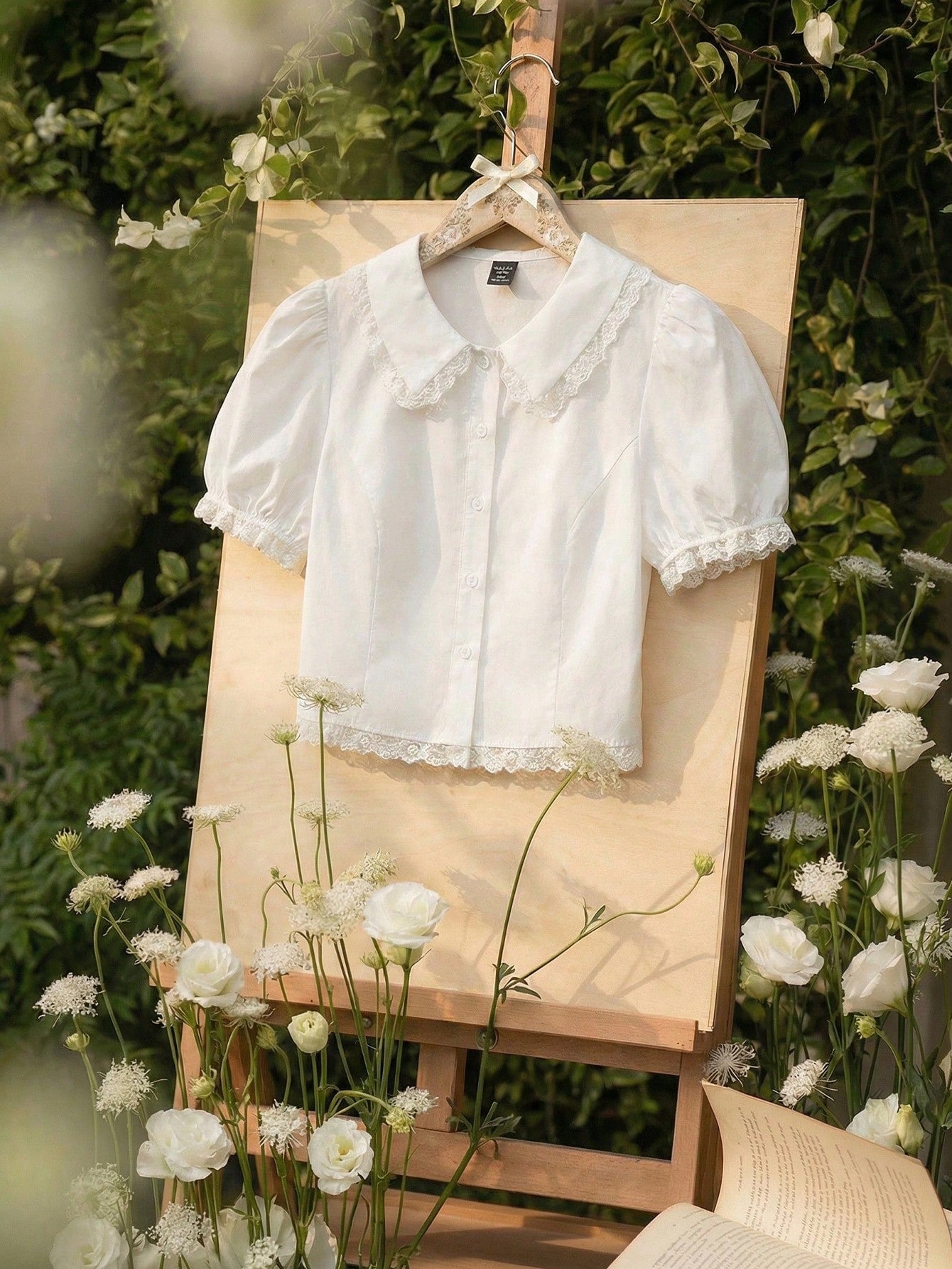 MOD Plus Size Kawaii White Lace Blouse Puff Sleeve Peter Pan Collar Shirt Cute Preppy Style Spring Summer Top