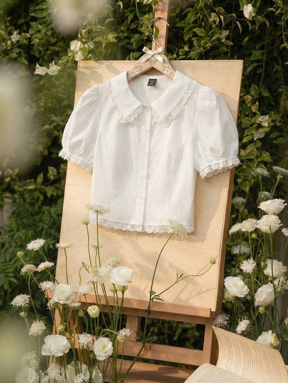 MOD Plus Size Kawaii White Lace Blouse Puff Sleeve Peter Pan Collar Shirt Cute Preppy Style Spring Summer Top