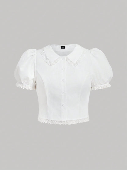MOD Plus Size Kawaii White Lace Blouse Puff Sleeve Peter Pan Collar Shirt Cute Preppy Style Spring Summer Top