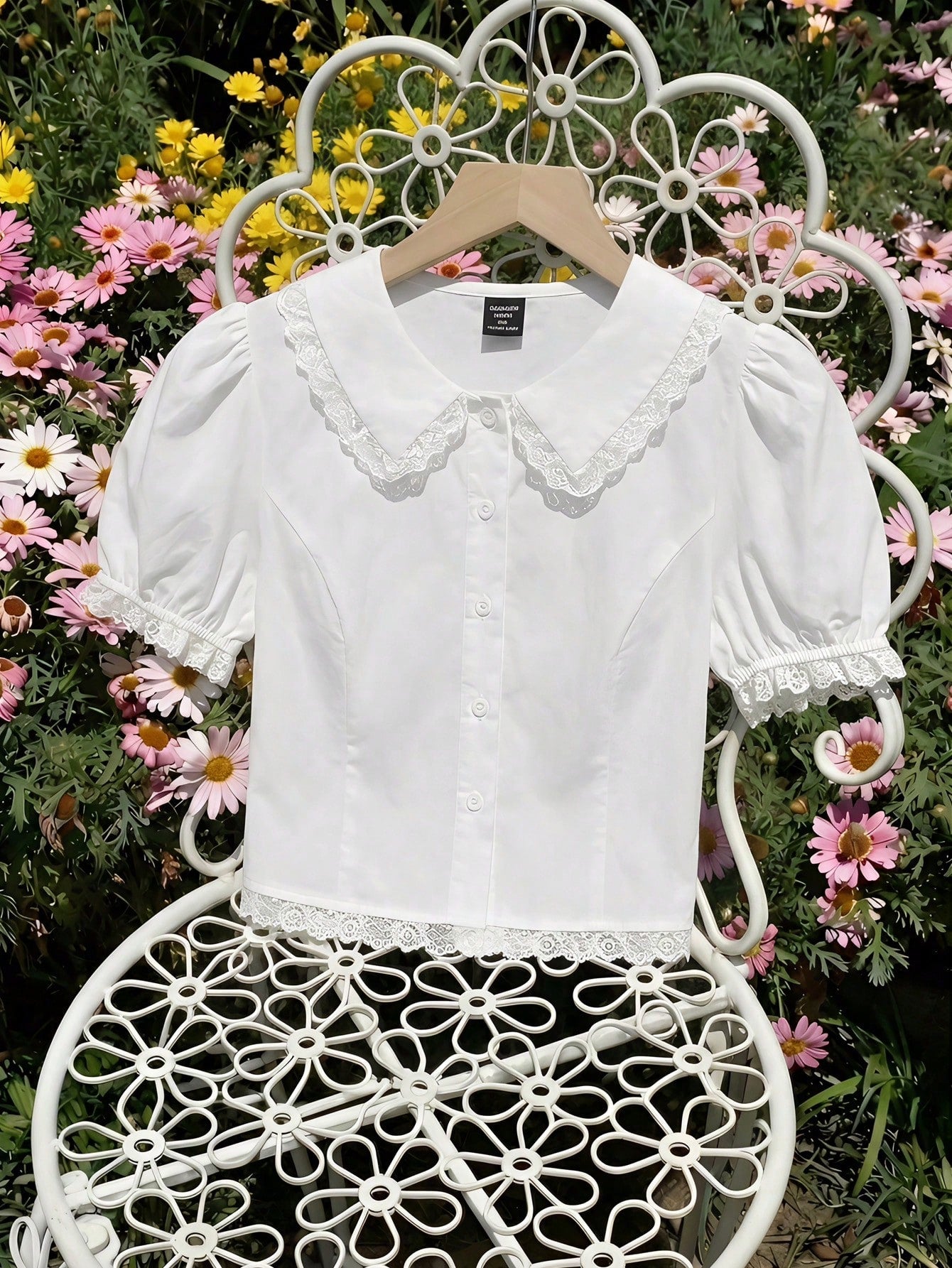 MOD Plus Size Kawaii White Lace Blouse Puff Sleeve Peter Pan Collar Shirt Cute Preppy Style Spring Summer Top