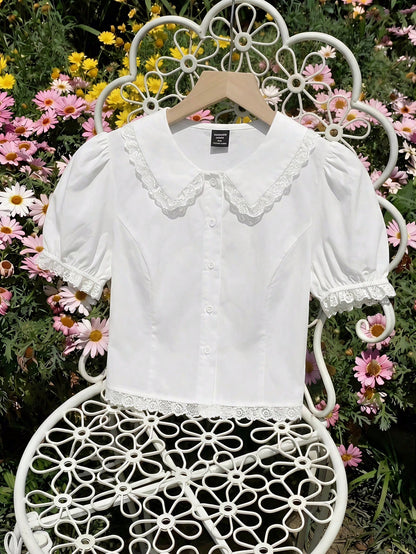 MOD Plus Size Kawaii White Lace Blouse Puff Sleeve Peter Pan Collar Shirt Cute Preppy Style Spring Summer Top