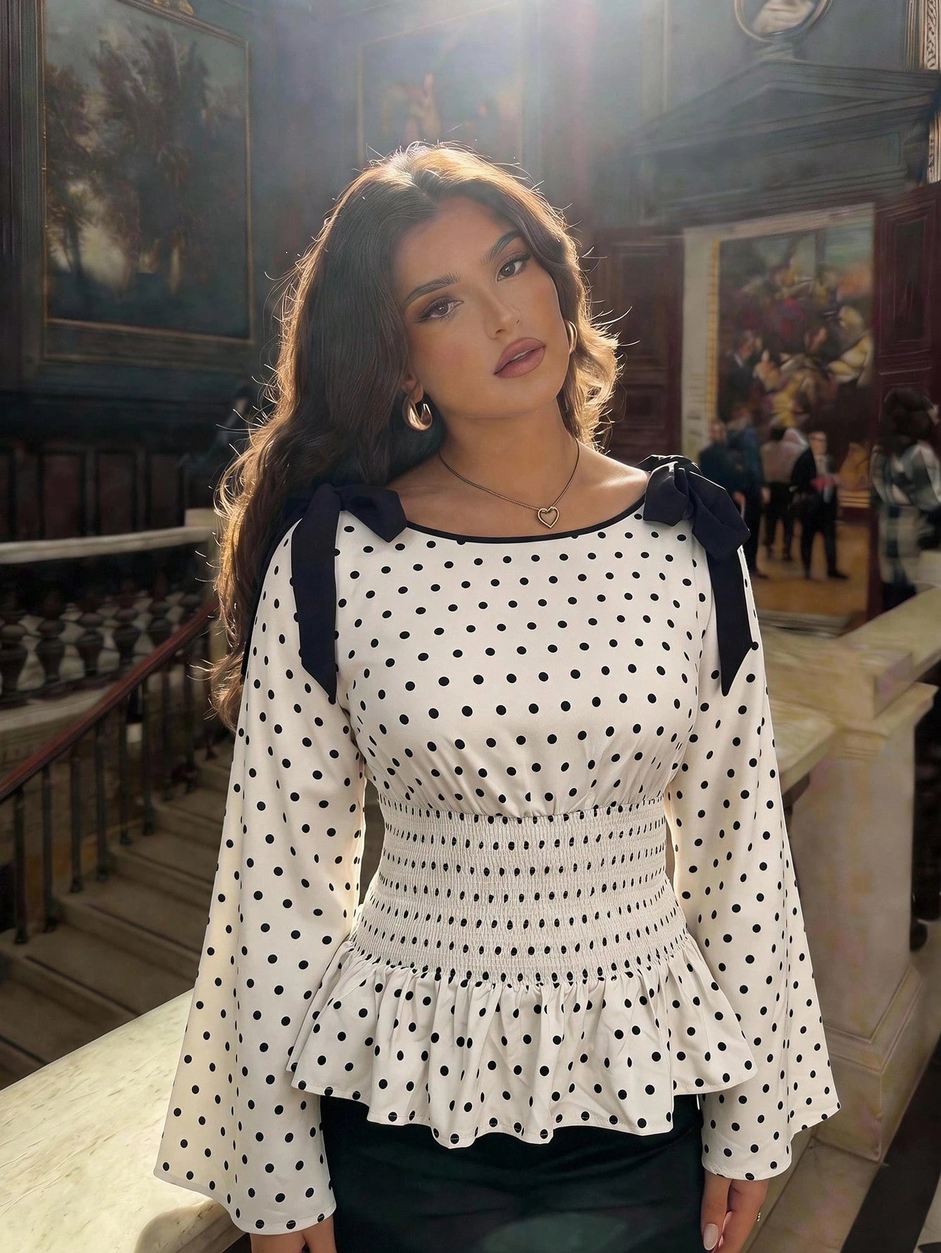 MOD Plus Size Polka Dot Bow Tie Tie-Front Ruffle Hem Blouse Fall