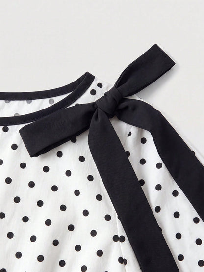 MOD Plus Size Polka Dot Bow Tie Tie-Front Ruffle Hem Blouse Fall