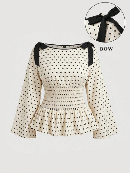 MOD Plus Size Polka Dot Bow Tie Tie-Front Ruffle Hem Blouse Fall