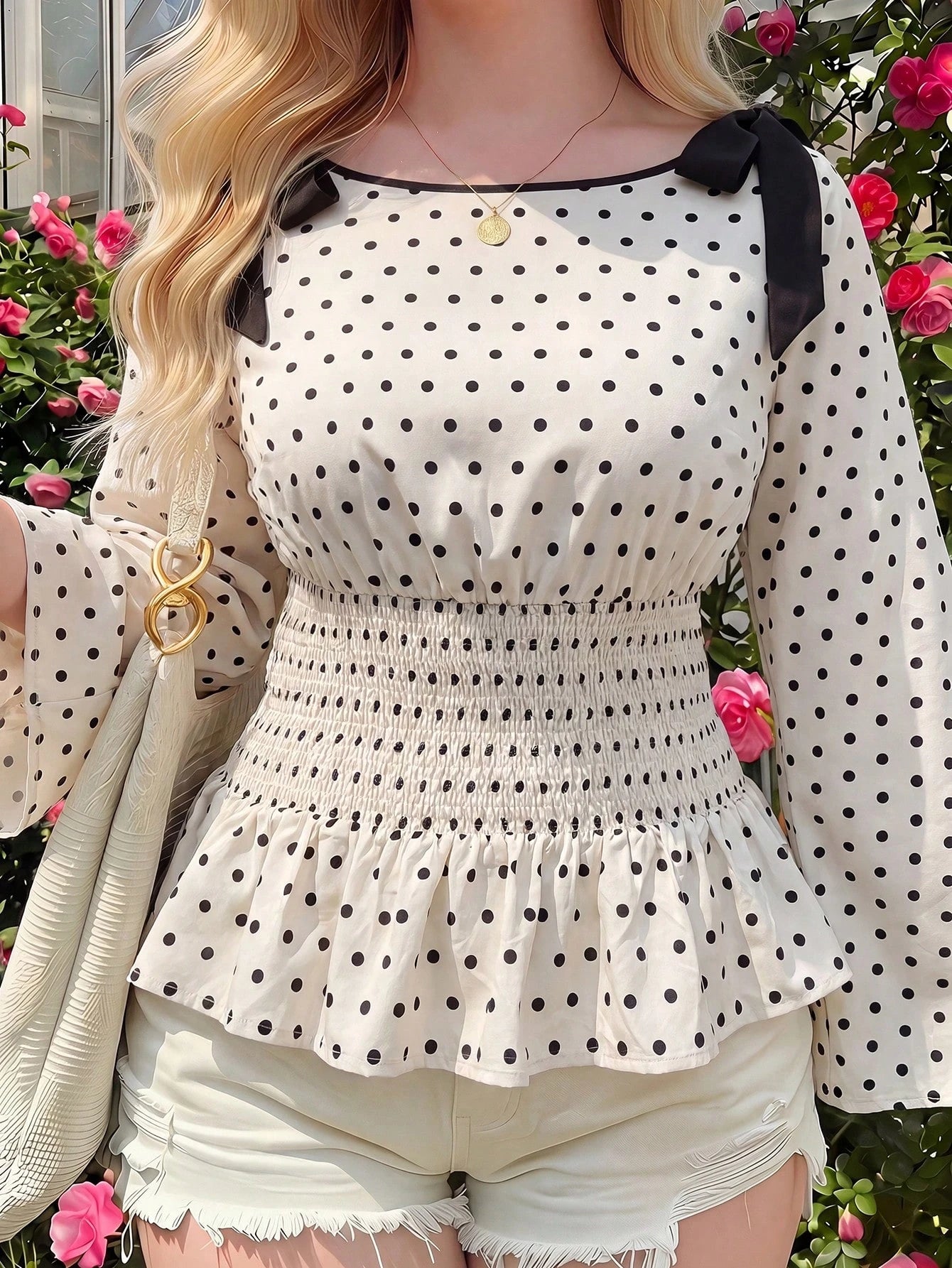 MOD Plus Size Polka Dot Bow Tie Tie-Front Ruffle Hem Blouse Fall