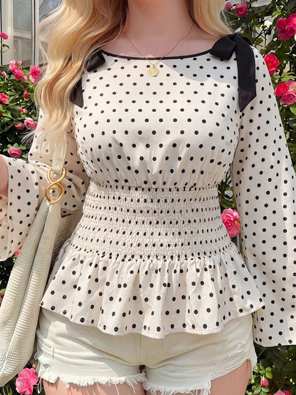MOD Plus Size Polka Dot Bow Tie Tie-Front Ruffle Hem Blouse Fall