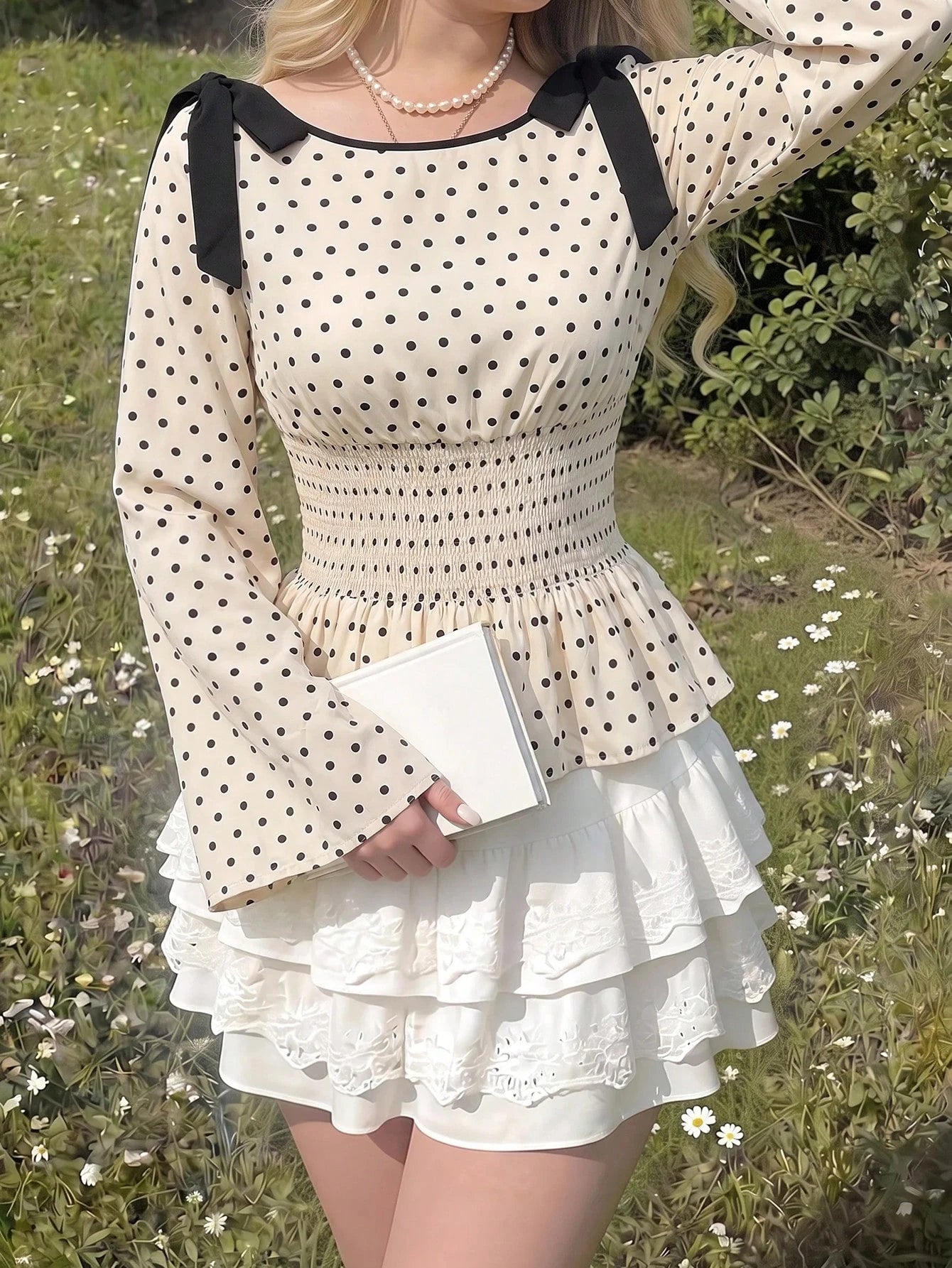 MOD Plus Size Polka Dot Bow Tie Tie-Front Ruffle Hem Blouse Fall