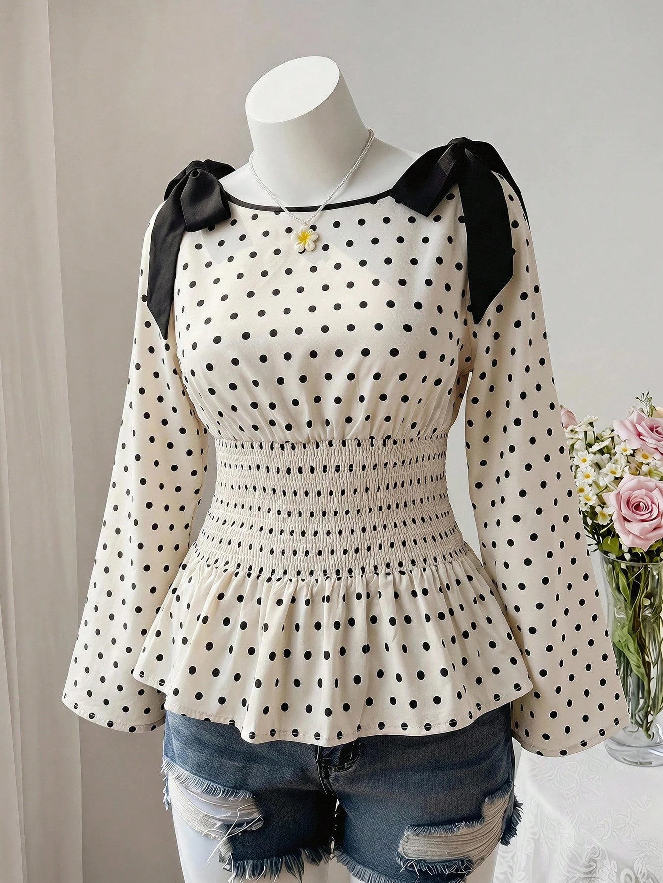 MOD Plus Size Polka Dot Bow Tie Tie-Front Ruffle Hem Blouse Fall