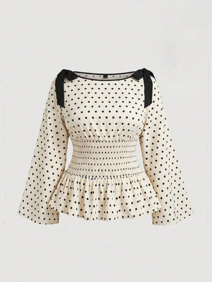 MOD Plus Size Polka Dot Bow Tie Tie-Front Ruffle Hem Blouse Fall