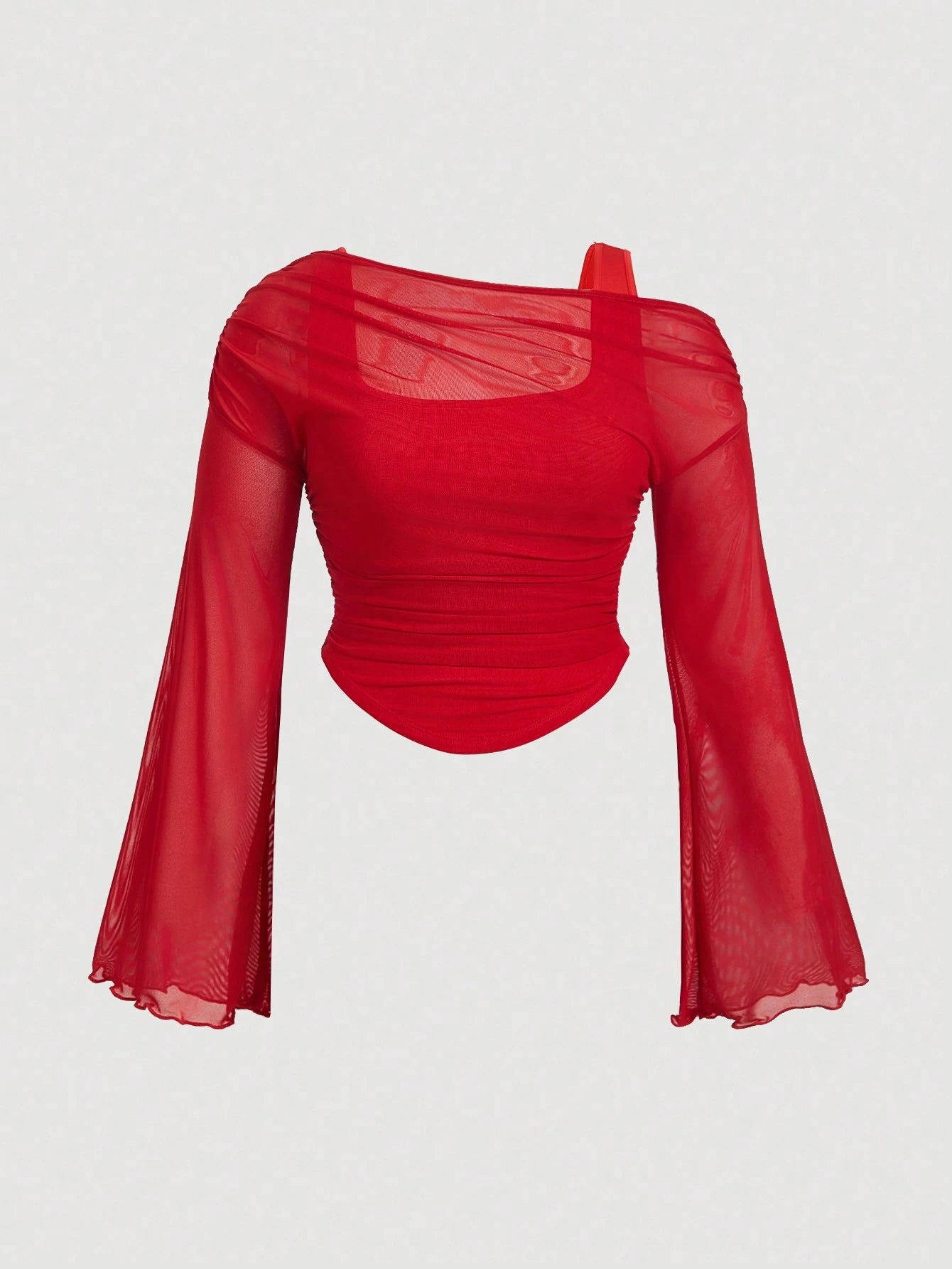 MOD Plus Size Red Asymmetric 2 In 1 Asymmetrical Neck Sheer Mesh Knit Top Blusinhas Femininas Elegante Sexy Tops Women Going Out Tea Party Autumn Fall