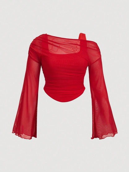 MOD Plus Size Red Asymmetric 2 In 1 Asymmetrical Neck Sheer Mesh Knit Top Blusinhas Femininas Elegante Sexy Tops Women Going Out Tea Party Autumn Fall