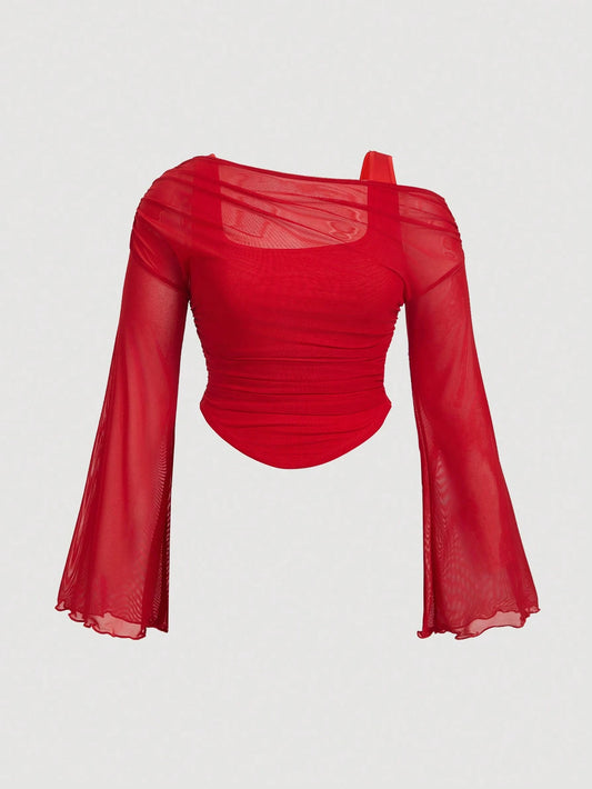 MOD Plus Size Red Asymmetric 2 In 1 Asymmetrical Neck Sheer Mesh Knit Top Blusinhas Femininas Elegante Sexy Tops Women Going Out Tea Party Autumn Fall