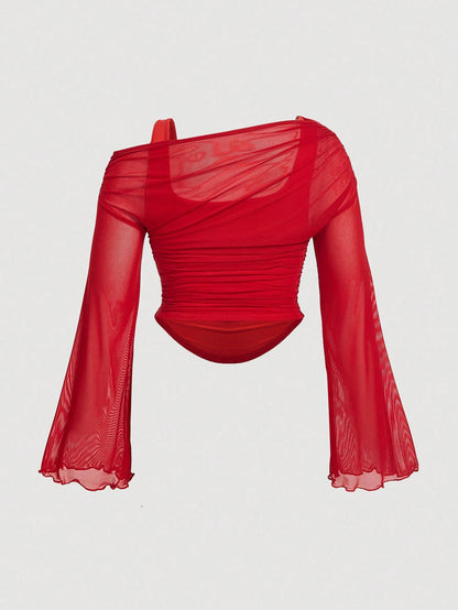 MOD Plus Size Red Asymmetric 2 In 1 Asymmetrical Neck Sheer Mesh Knit Top Blusinhas Femininas Elegante Sexy Tops Women Going Out Tea Party Autumn Fall