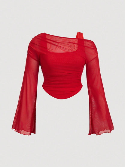 MOD Plus Size Red Asymmetric 2 In 1 Asymmetrical Neck Sheer Mesh Knit Top Blusinhas Femininas Elegante Sexy Tops Women Going Out Tea Party Autumn Fall