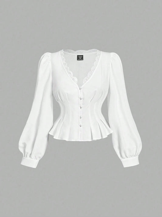 MOD Plus Size White Vintage Elegant Lace Trim Open Front Shirt Fall
