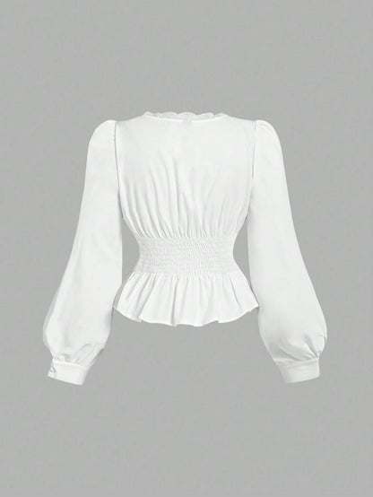 MOD Plus Size White Vintage Elegant Lace Trim Open Front Shirt Fall