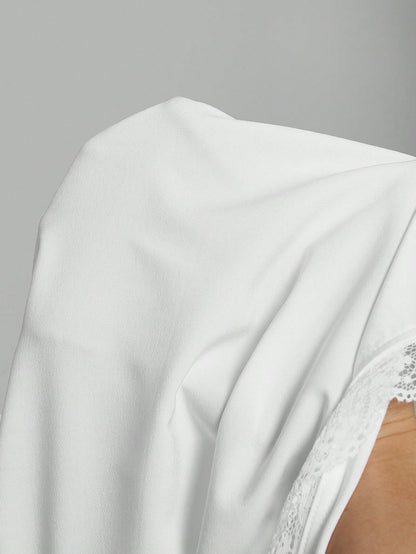 MOD Plus Size White Vintage Elegant Lace Trim Open Front Shirt Fall