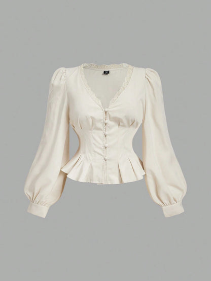 MOD Plus Size White Vintage Elegant Lace Trim Open Front Shirt Fall