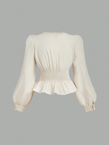 MOD Plus Size White Vintage Elegant Lace Trim Open Front Shirt Fall