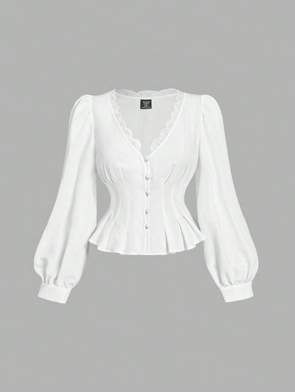 MOD Plus Size White Vintage Elegant Lace Trim Open Front Shirt Fall
