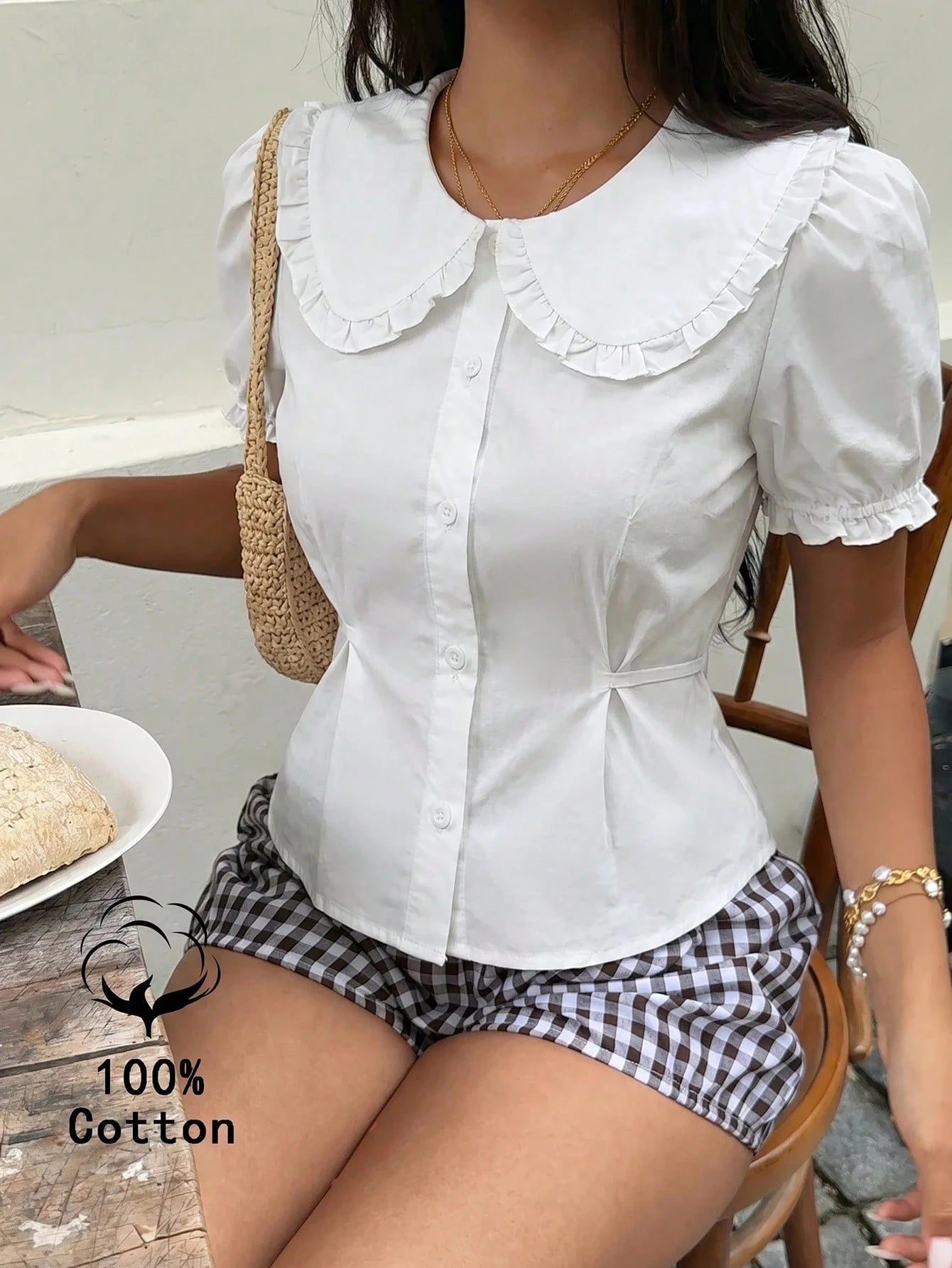 MOD Plus Size Woman Peter Pan Collar Slim Fit Puff Sleeve Short Sleeve Shirt, Summer,Short Sleeve Tops Office White Cute
