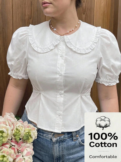 MOD Plus Size Woman Peter Pan Collar Slim Fit Puff Sleeve Short Sleeve Shirt, Summer,Short Sleeve Tops Office White Cute