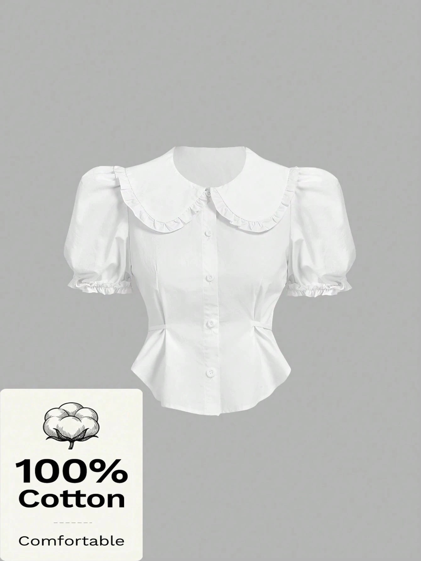MOD Plus Size Woman Peter Pan Collar Slim Fit Puff Sleeve Short Sleeve Shirt, Summer,Short Sleeve Tops Office White Cute