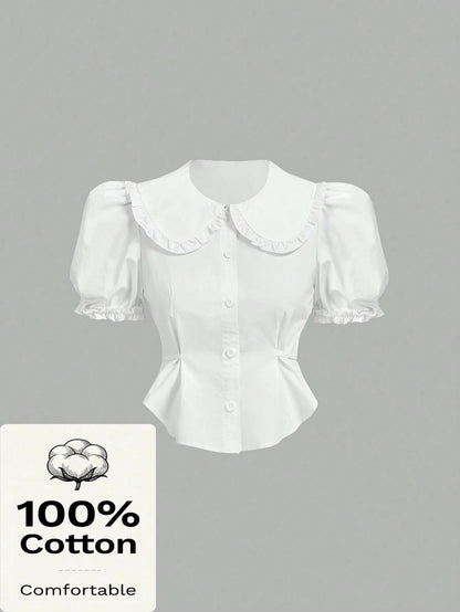 MOD Plus Size Woman Peter Pan Collar Slim Fit Puff Sleeve Short Sleeve Shirt, Summer,Short Sleeve Tops Office White Cute