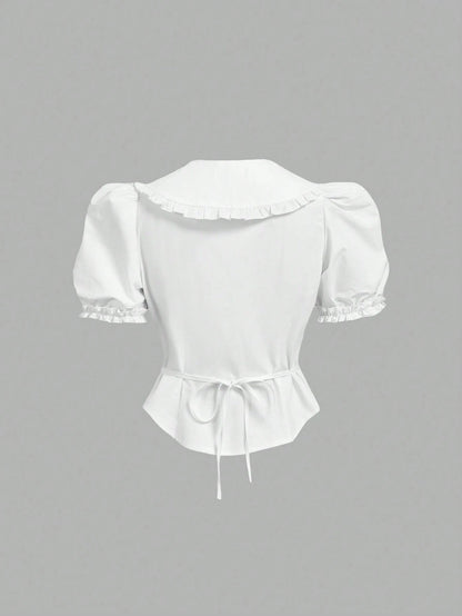 MOD Plus Size Woman Peter Pan Collar Slim Fit Puff Sleeve Short Sleeve Shirt, Summer,Short Sleeve Tops Office White Cute