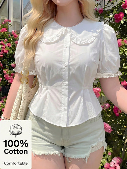 MOD Plus Size Woman Peter Pan Collar Slim Fit Puff Sleeve Short Sleeve Shirt, Summer,Short Sleeve Tops Office White Cute
