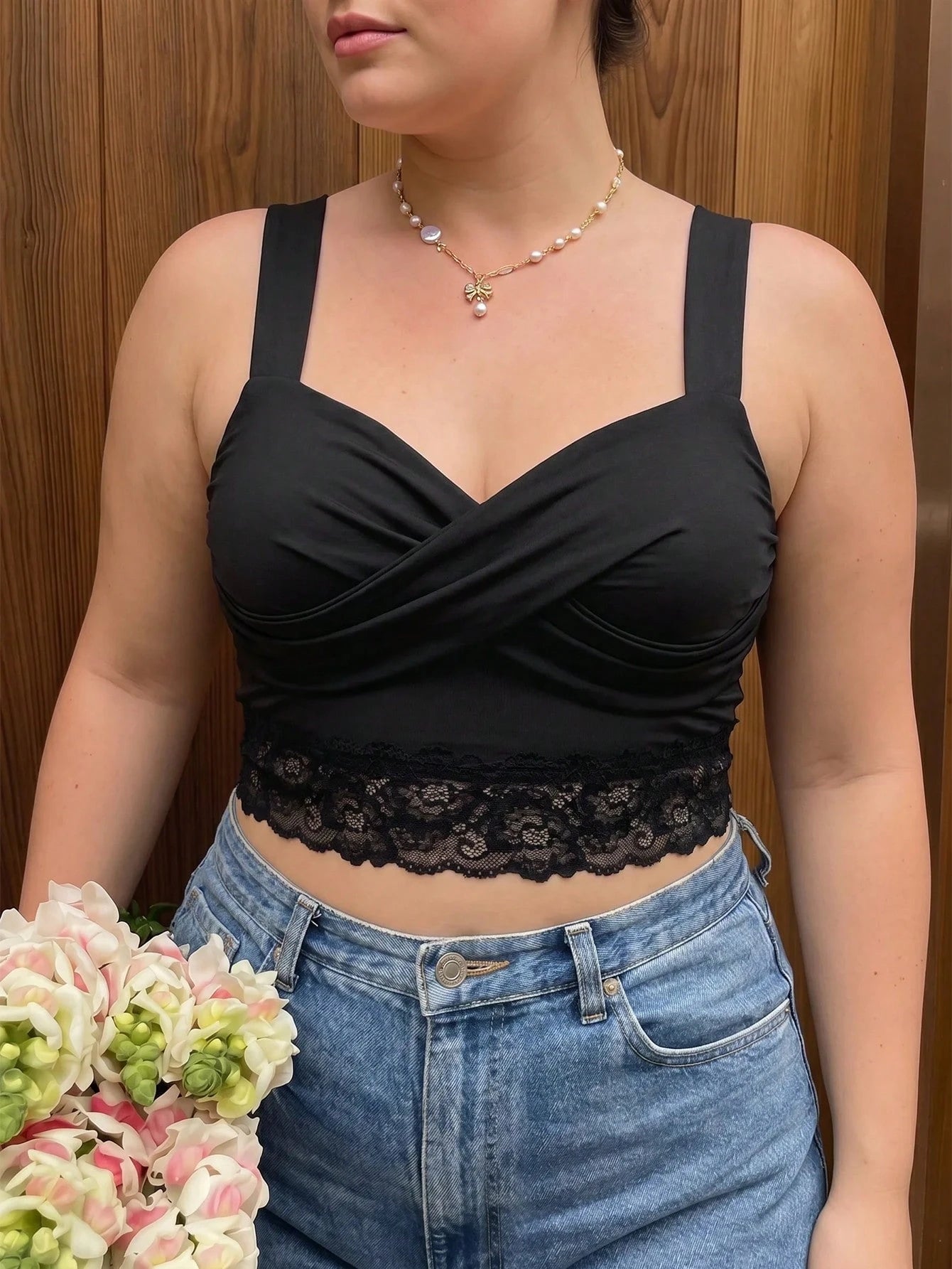 MOD Plus Size Women's Fall Black Lace Trim Ruffle Casual Versatile Everyday Top Festival Women Going Out Top Beach Vacation Work Y2k