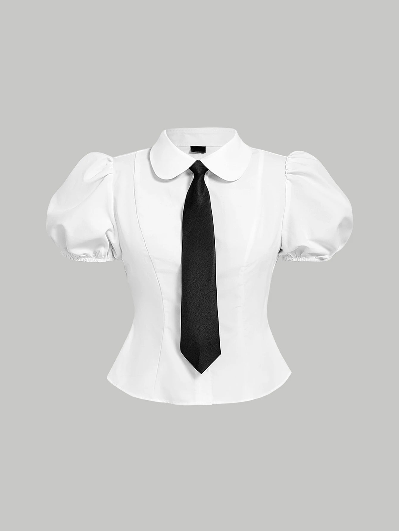 MOD Plus Size Women's White Puff Sleeve Fitted Blouse,Cute Back-To-School Tie Collar Shirt,Elegant Casual Formal Graduation Office Work Tops,Summer School