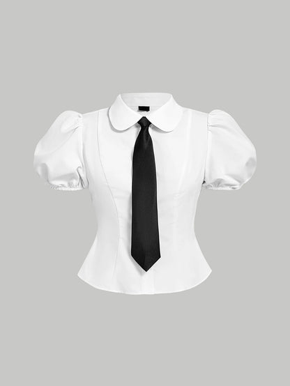 MOD Plus Size Women's White Puff Sleeve Fitted Blouse,Cute Back-To-School Tie Collar Shirt,Elegant Casual Formal Graduation Office Work Tops,Summer School
