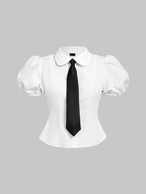 MOD Plus Size Women's White Puff Sleeve Fitted Blouse,Cute Back-To-School Tie Collar Shirt,Elegant Casual Formal Graduation Office Work Tops,Summer School