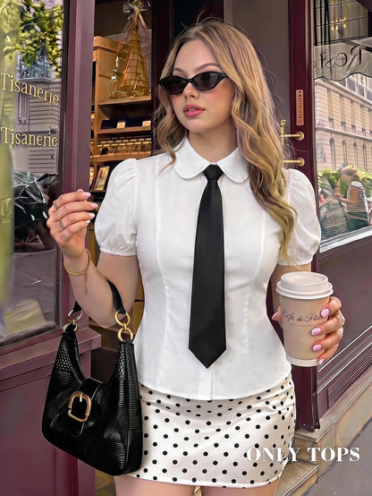 MOD Plus Size Women's White Puff Sleeve Fitted Blouse,Cute Back-To-School Tie Collar Shirt,Elegant Casual Formal Graduation Office Work Tops,Summer School