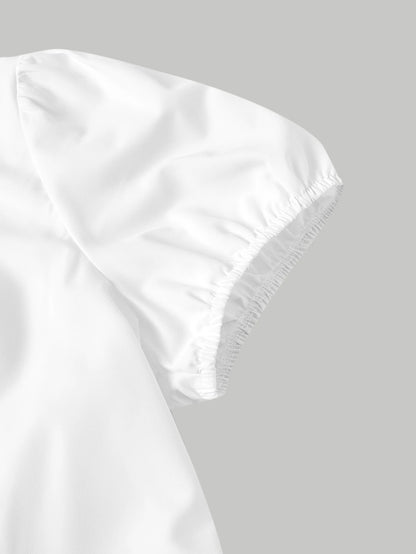 MOD Plus Size Women's White Puff Sleeve Fitted Blouse,Cute Back-To-School Tie Collar Shirt,Elegant Casual Formal Graduation Office Work Tops,Summer School
