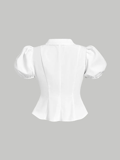 MOD Plus Size Women's White Puff Sleeve Fitted Blouse,Cute Back-To-School Tie Collar Shirt,Elegant Casual Formal Graduation Office Work Tops,Summer School